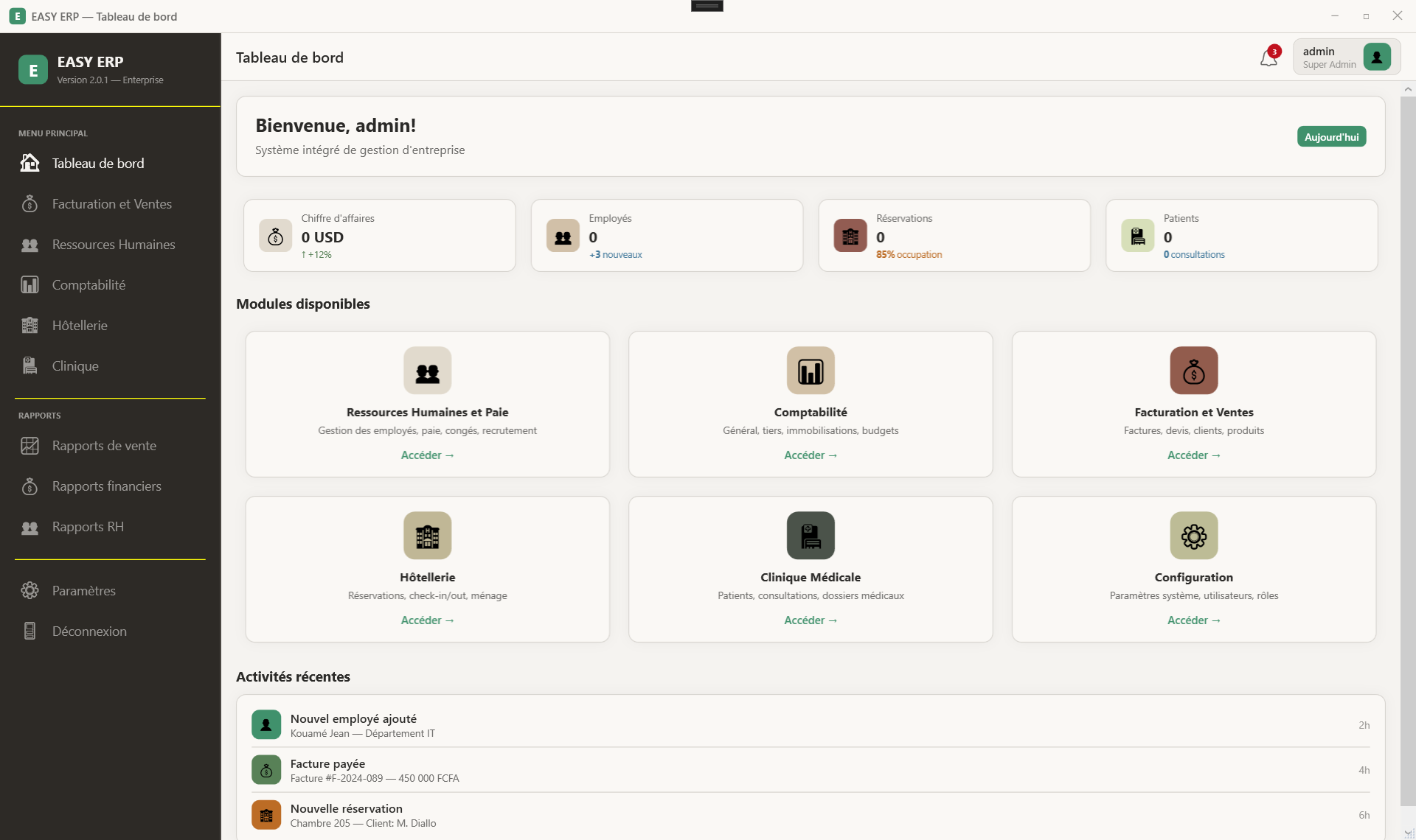 Tableau de bord Easy ERP - Système intégré de gestion d'entreprise